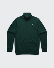 Load image into Gallery viewer, Pine Green quarter-zip sweatshirt with a k.logo on a light gray background
